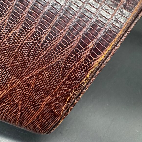 Vintage Purse Lizard Leather Handbag Lesco Mid Century Brown Gold Hardware Retro - Picture 14 of 16